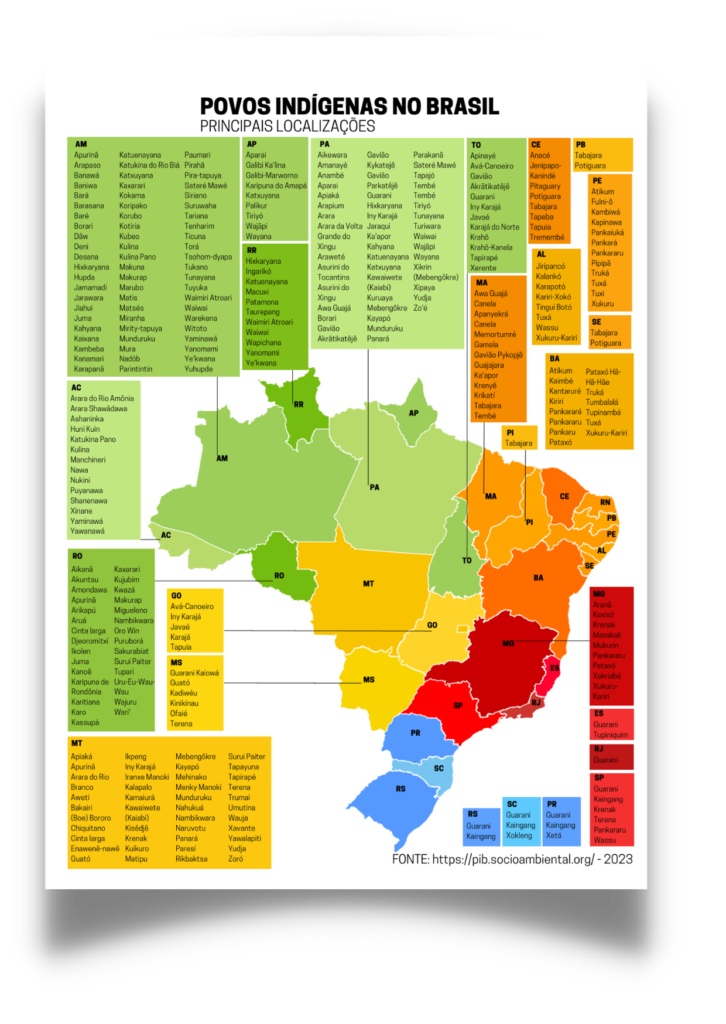 Mapa indicando principais áreas indígenas em cada estado do Brasil