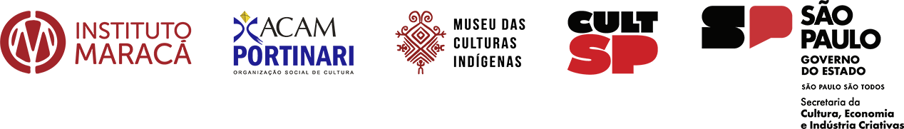 Régua e logos, com logo do Instituto Maracá, ACAM Portinari, Museu das Culturas Indígenas, CultSP e Governo do Estado de São Paulo - Secretaria da Cultura, Economia e Indústria Criativas.